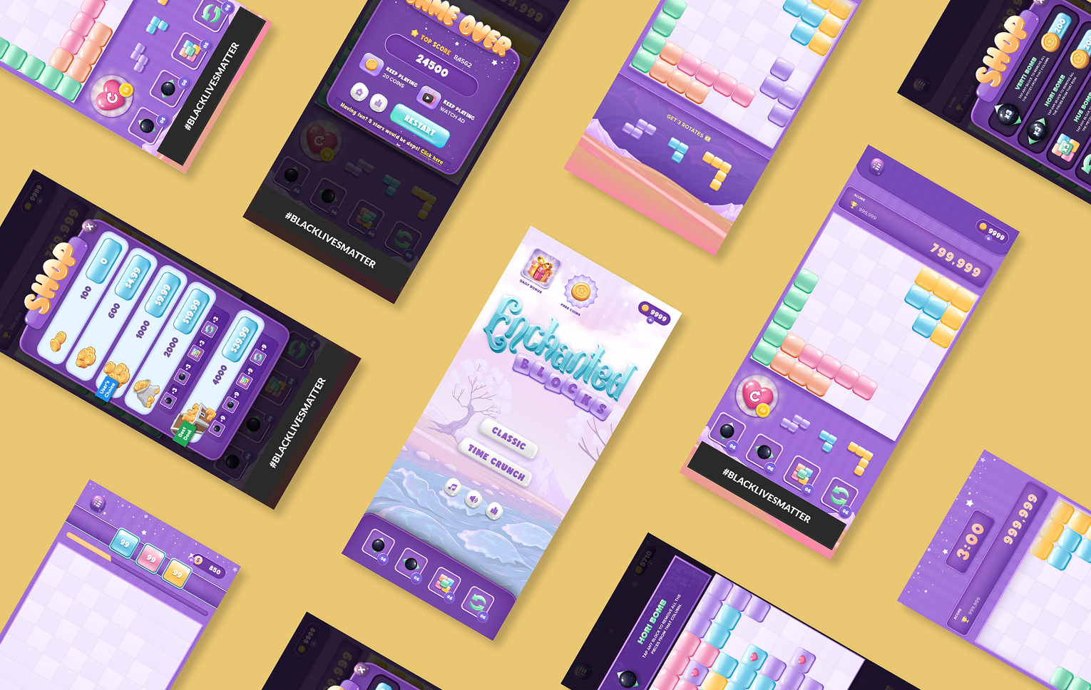 Grid of Enchanted Blocks UI screens including shop, game over, boosters, and gameplay states.