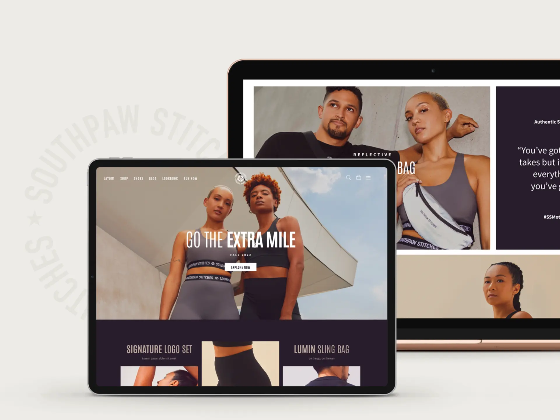 Southpaw Stitches Shopify storefront shown on a tablet and laptop.