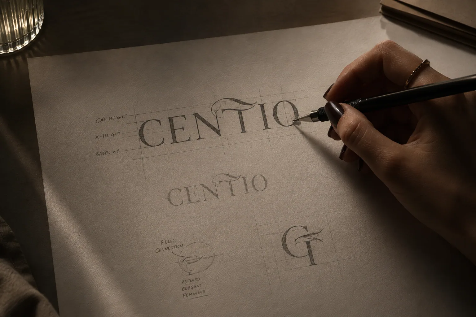 Designer sketching the Centio logotype by hand with cap height, x-height, and baseline guides
