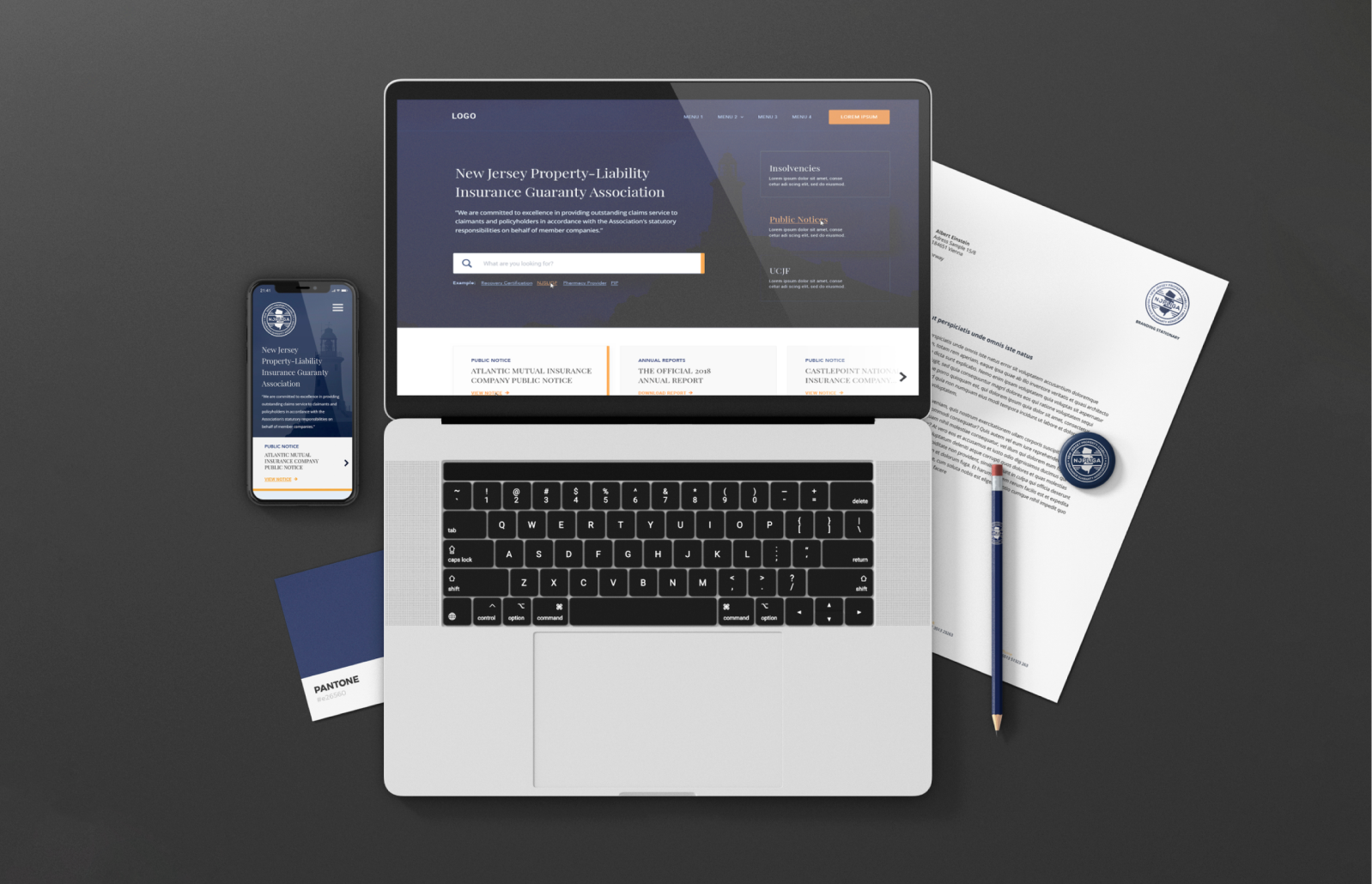 NJPLIGA homepage design shown on a laptop and phone alongside branded stationery.