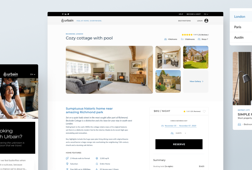 Urbain listing page design showing property details, gallery, and reservation summary.