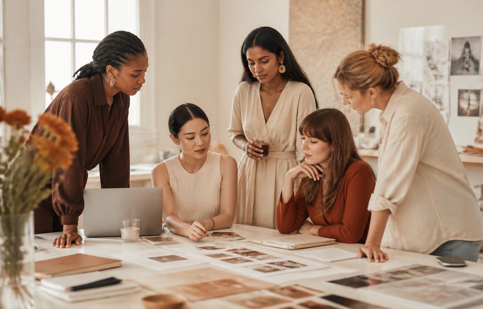 Women entrepreneurs collaborating on brand and web design in a bright studio
