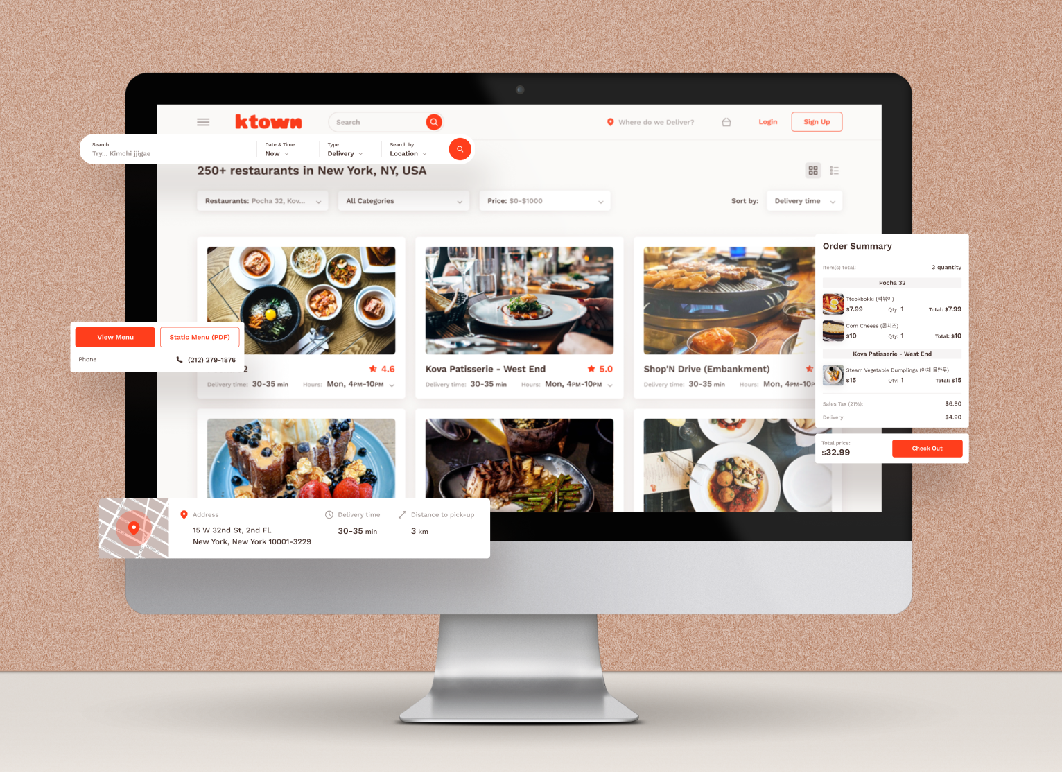 Ktown restaurant search and order summary interface on desktop.