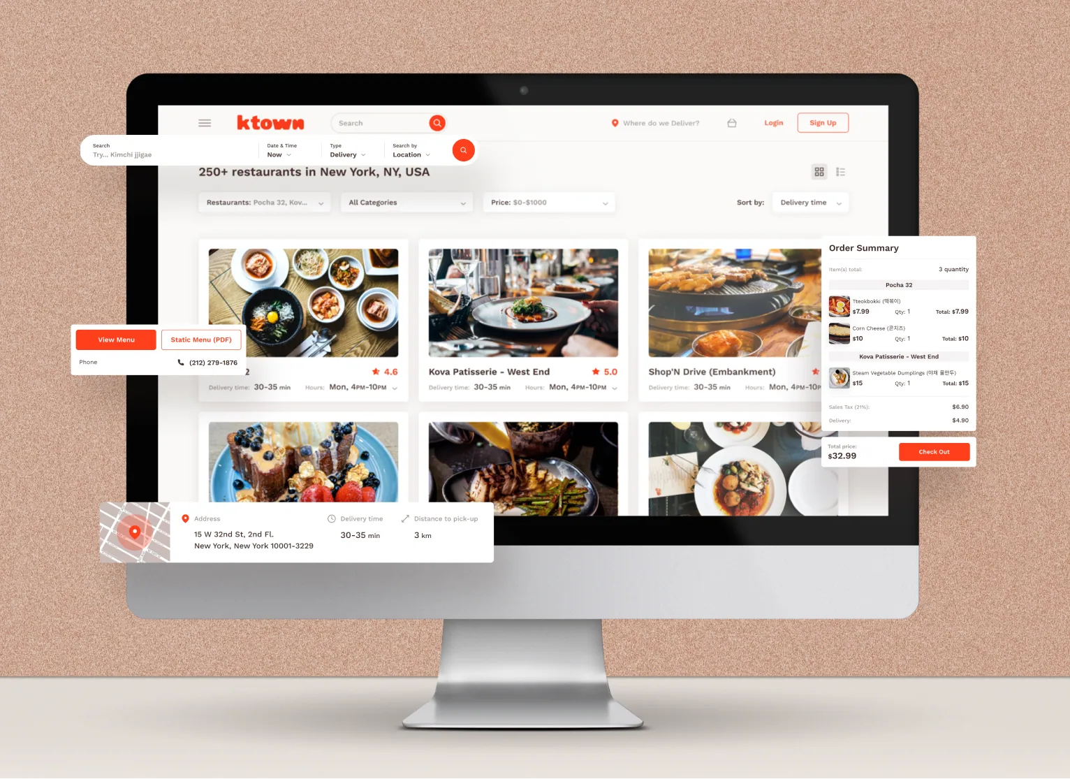 Ktown restaurant search and order summary interface on desktop.