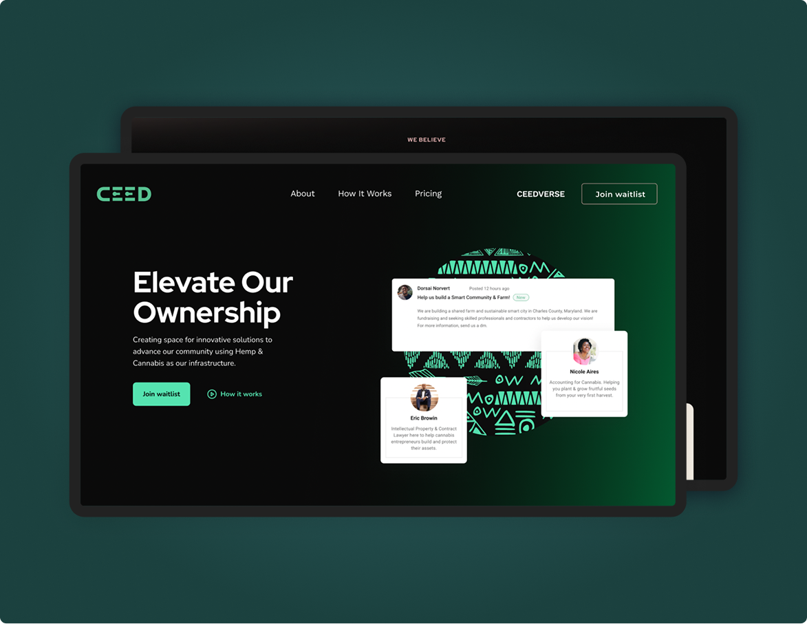 CEED landing page design shown on a tablet with the Elevate Our Ownership hero.