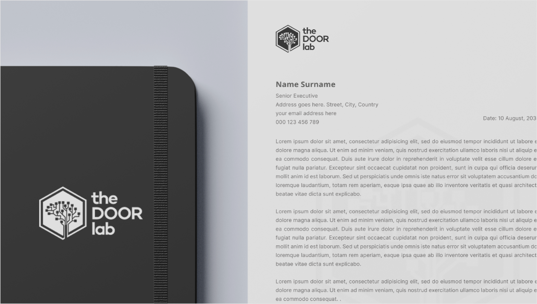 The DOOR Lab letterhead and embossed notebook showing the brand guidelines in use.