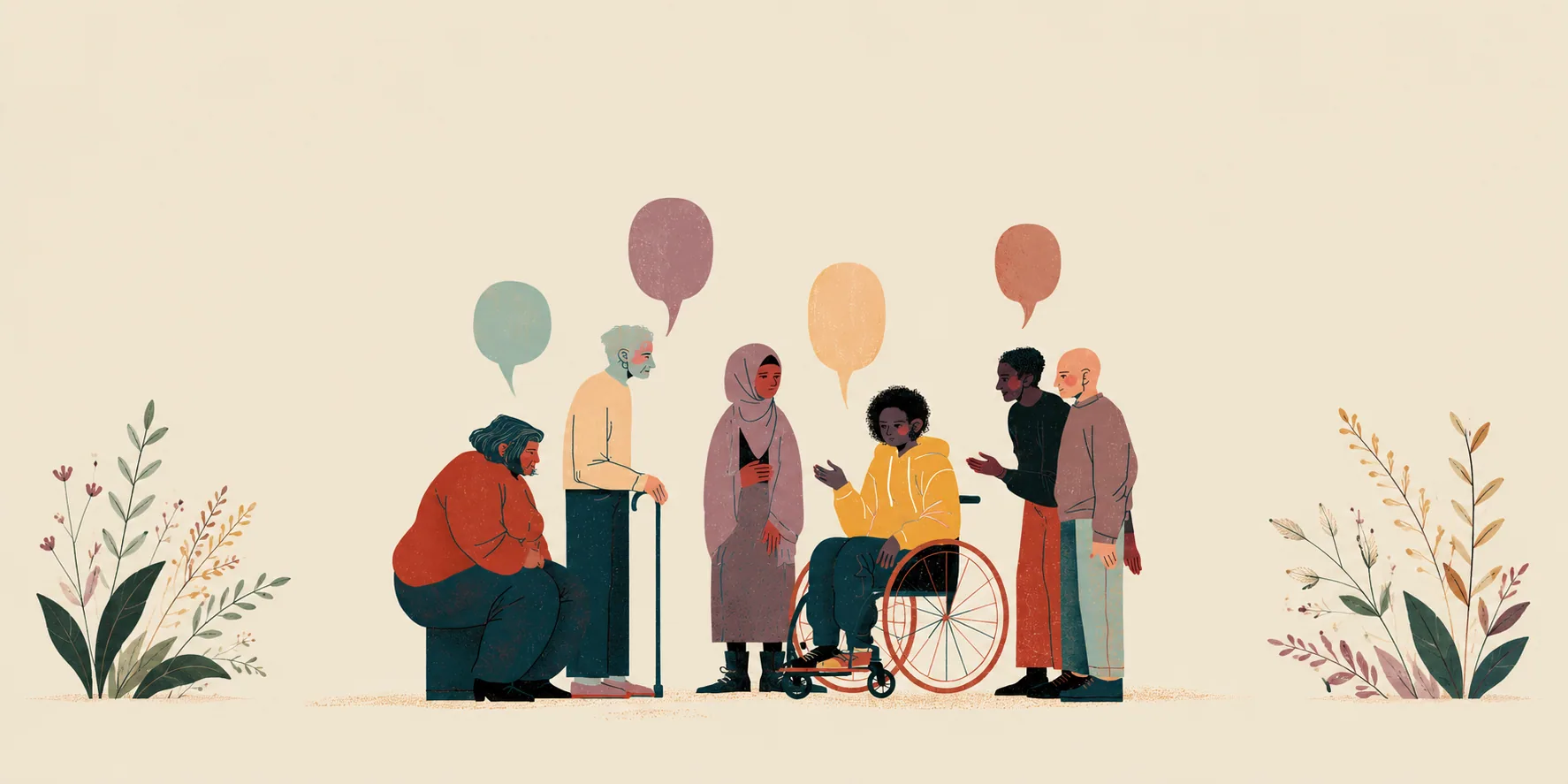 A diverse group of people gathered in conversation, framed by plants and empty speech bubbles.