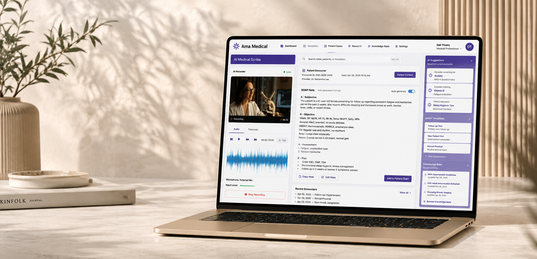 Ama Medical AI scribe dashboard shown on a laptop.