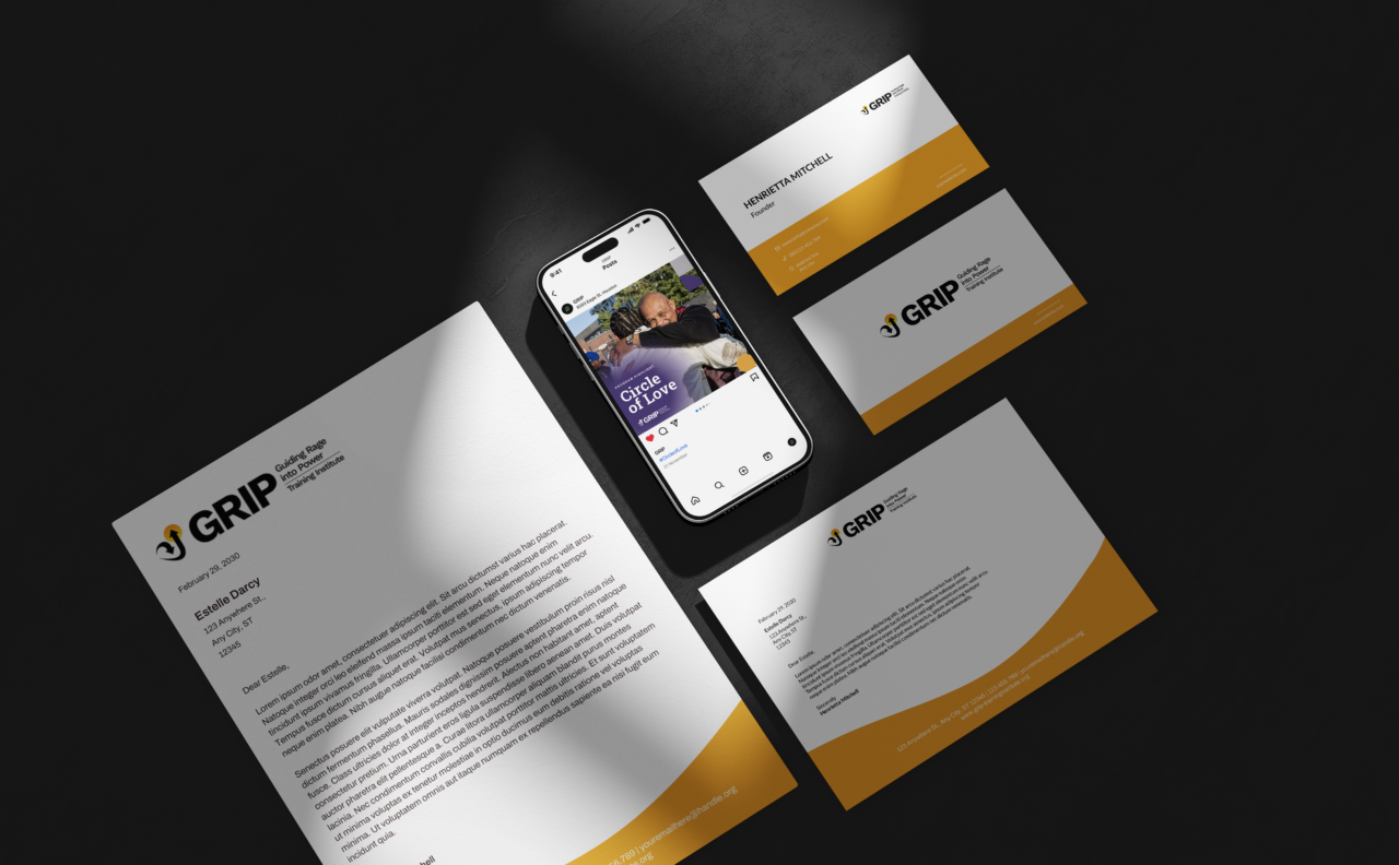 GRIP Training Institute stationery, business cards, and social media shown as a branded suite.