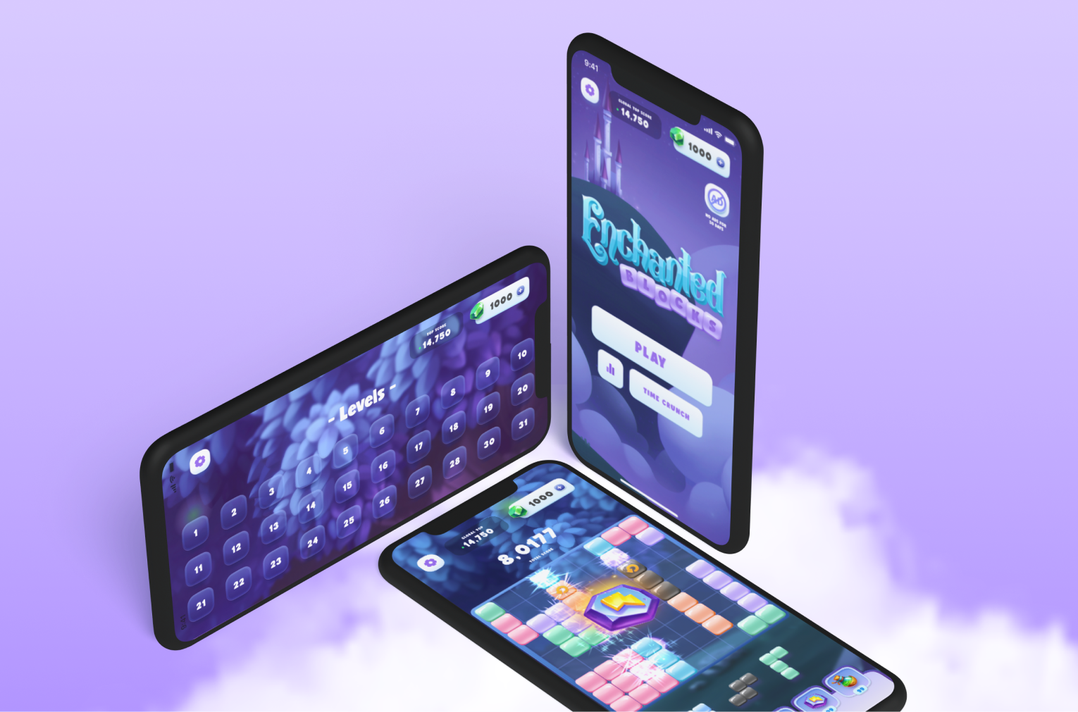 Enchanted Blocks home screen, level select, and gameplay shown across three phones.