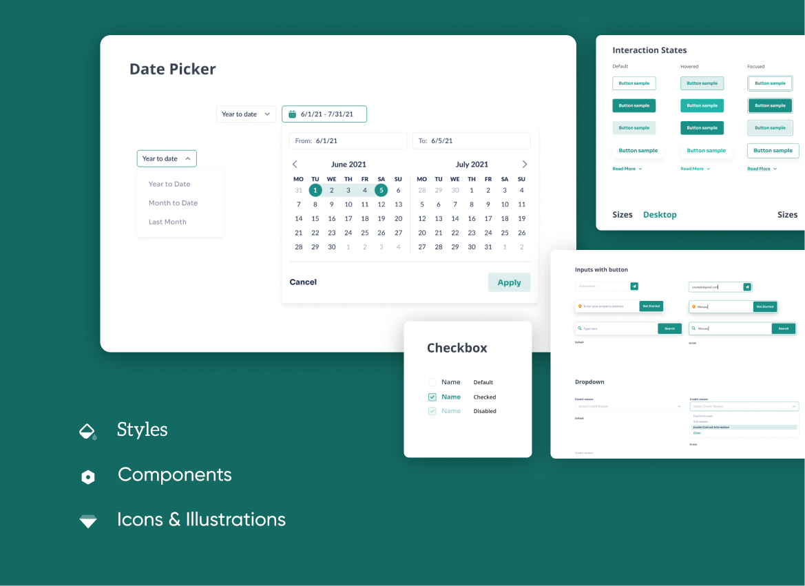 800 Cash Today design system components including date picker, checkboxes, inputs, and interaction states.