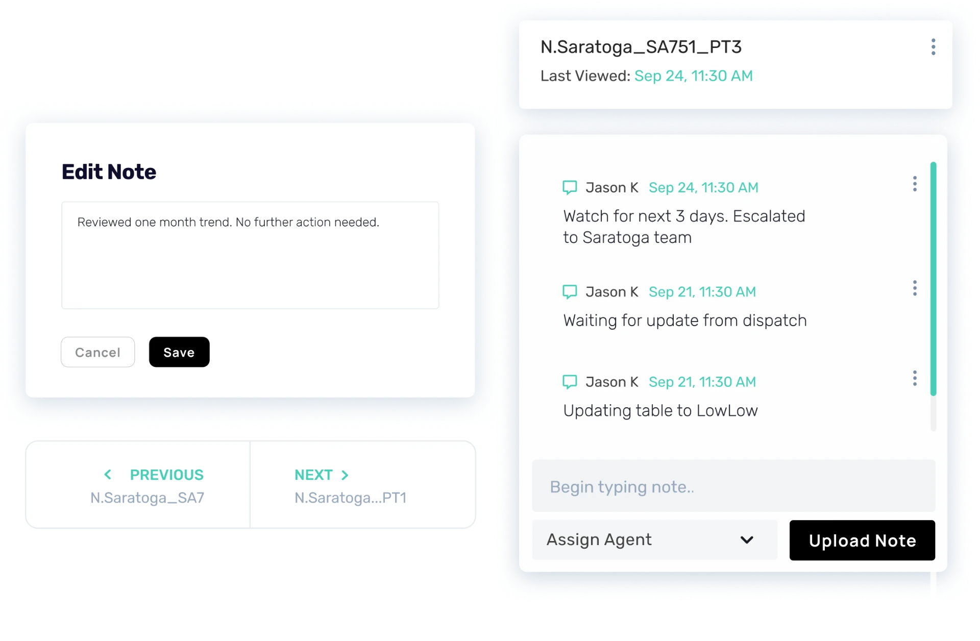 Note editing and activity feed interface components from a SaaS dashboard.
