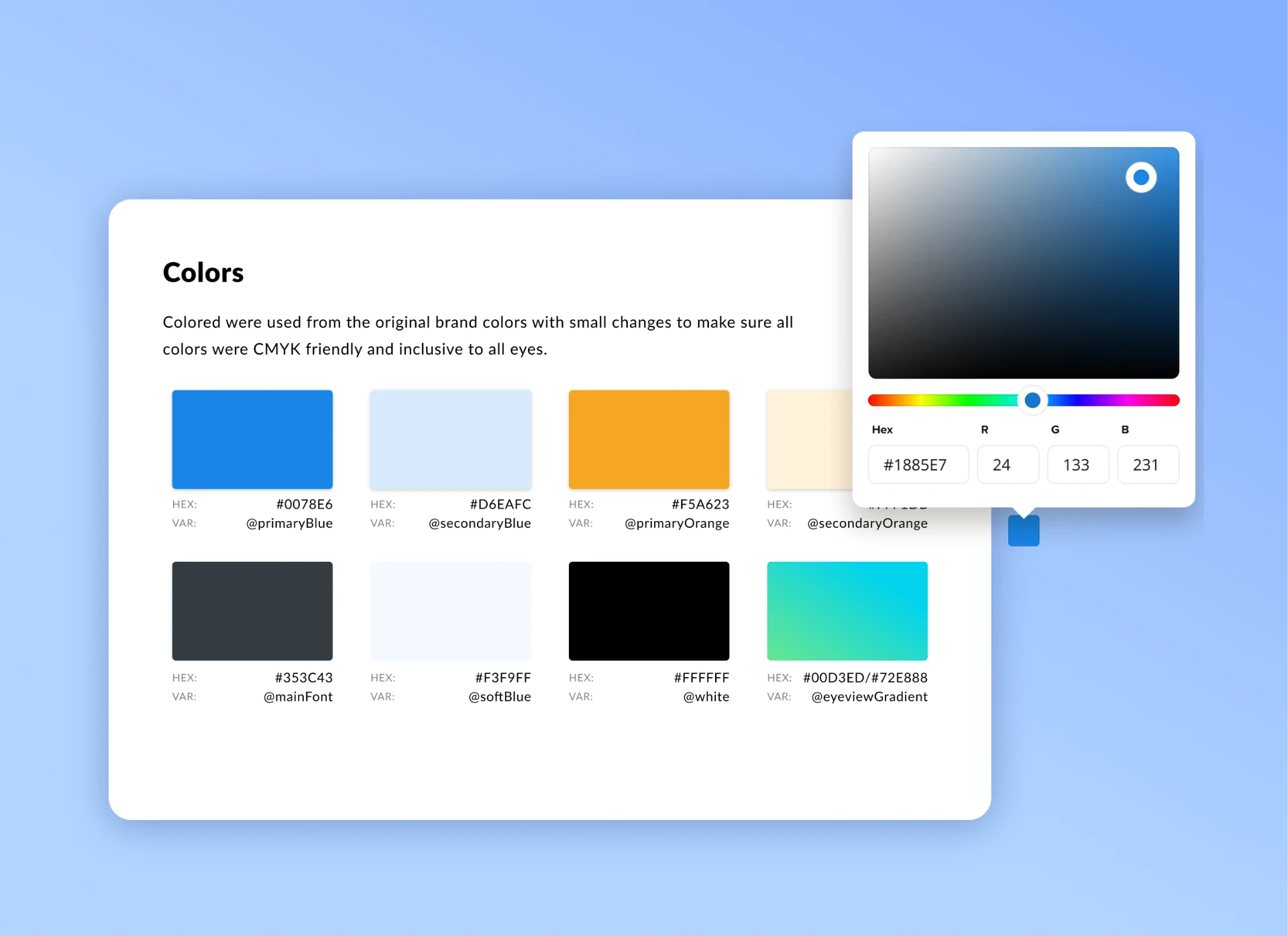 Eyeview VideoIQ color palette documentation with hex values and variable names.