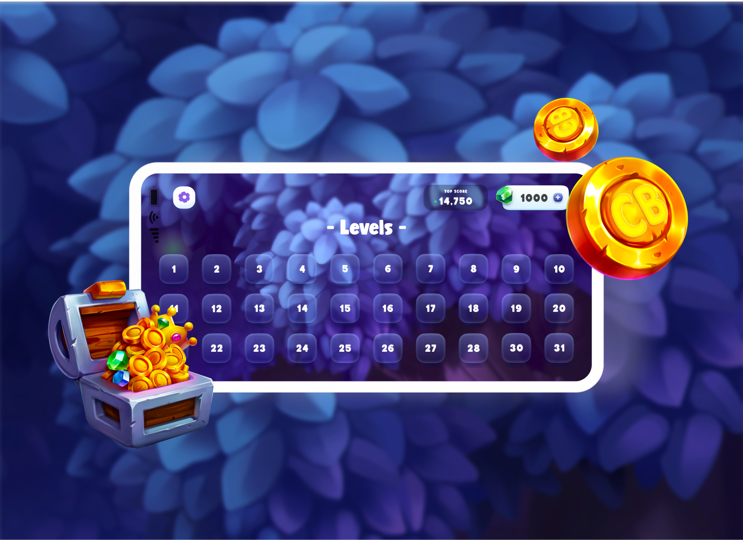 Enchanted Blocks level select board with coin and treasure chest art.