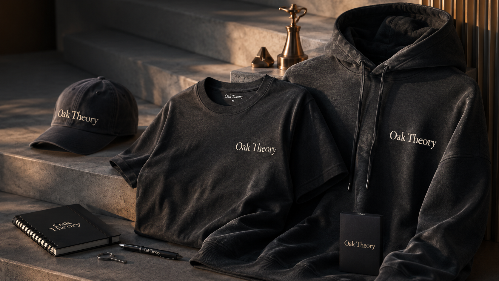 Oak Theory branded merchandise — notebook, cap, t-shirt, and hoodie — arranged on stone steps.