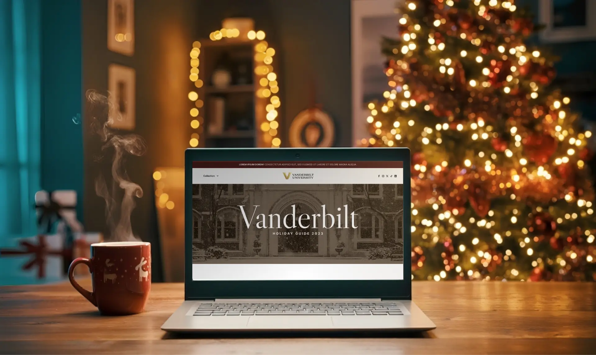 Vanderbilt Holiday Gift Guide 2023 landing page open on a laptop beside a holiday mug and tree.