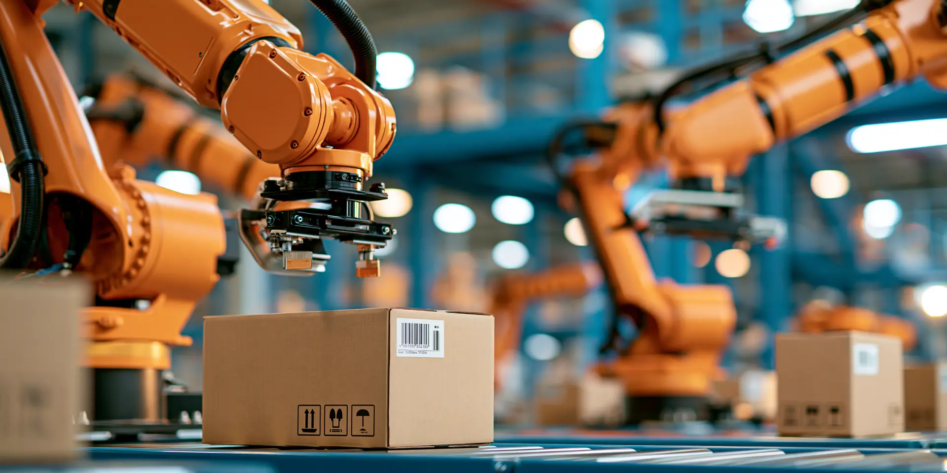 Large orange robotic arms handle cardboard shipping boxes on a conveyor belt in an automated warehouse.