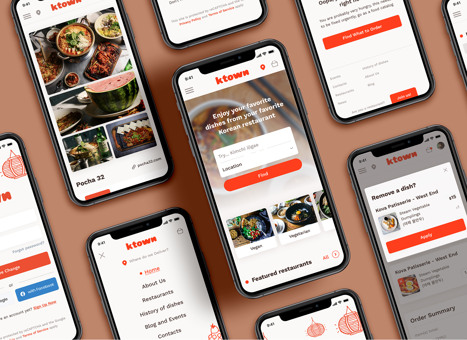 Ktown app home screen design shown across multiple mobile devices.