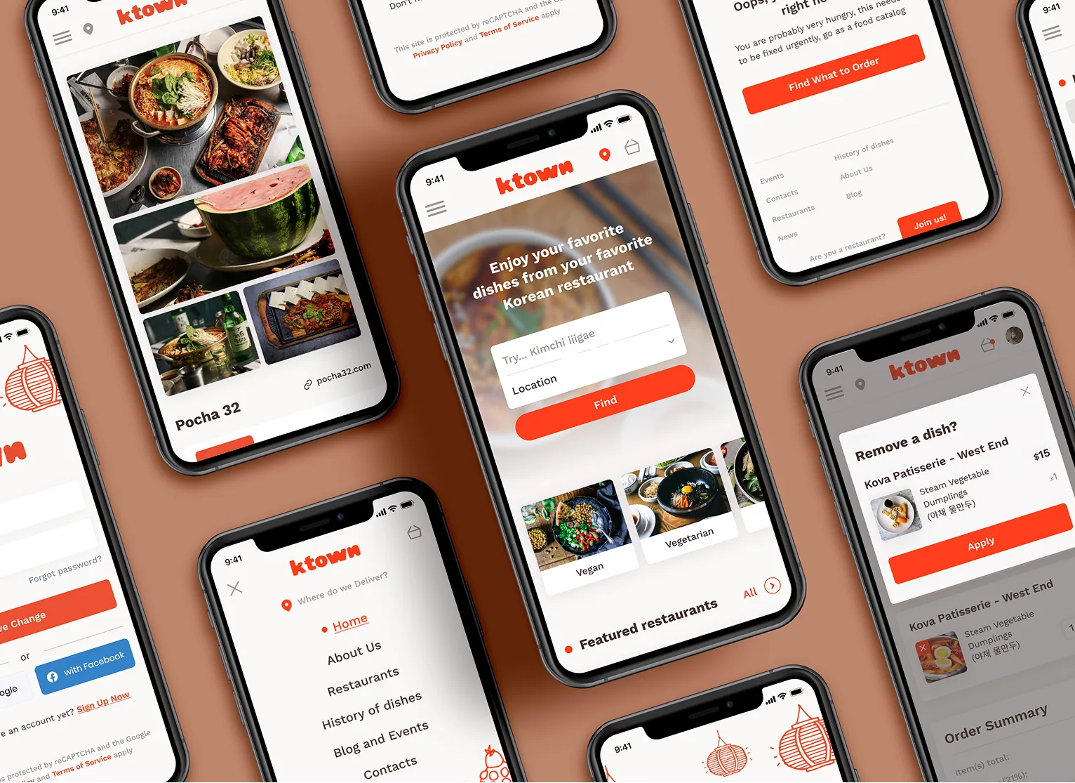 Ktown app home screen design shown across multiple mobile devices.