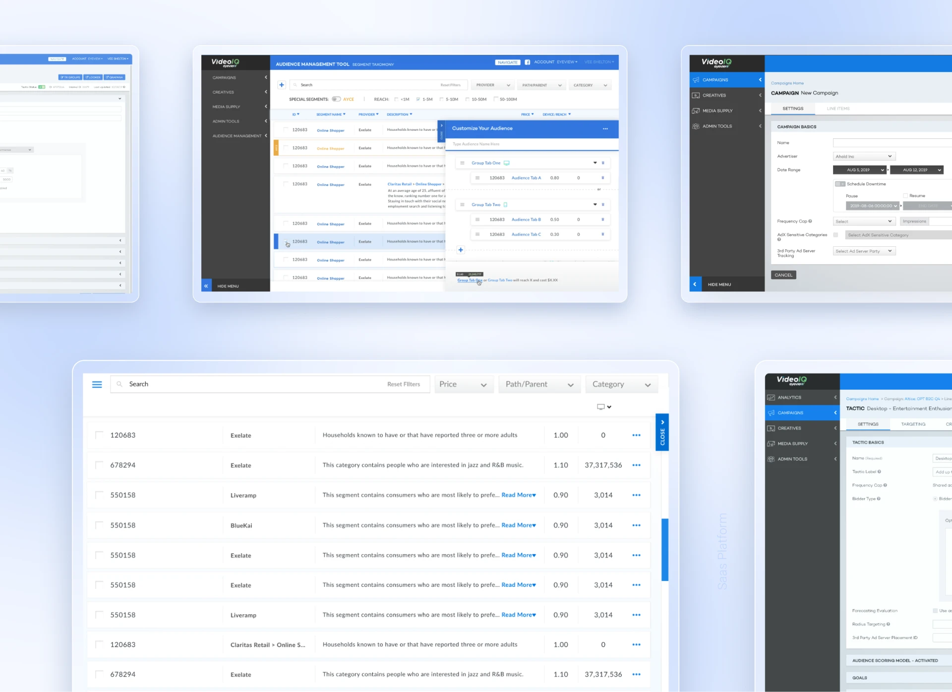Collage of Eyeview VideoIQ Audience Management Tool screens shown across desktop views.