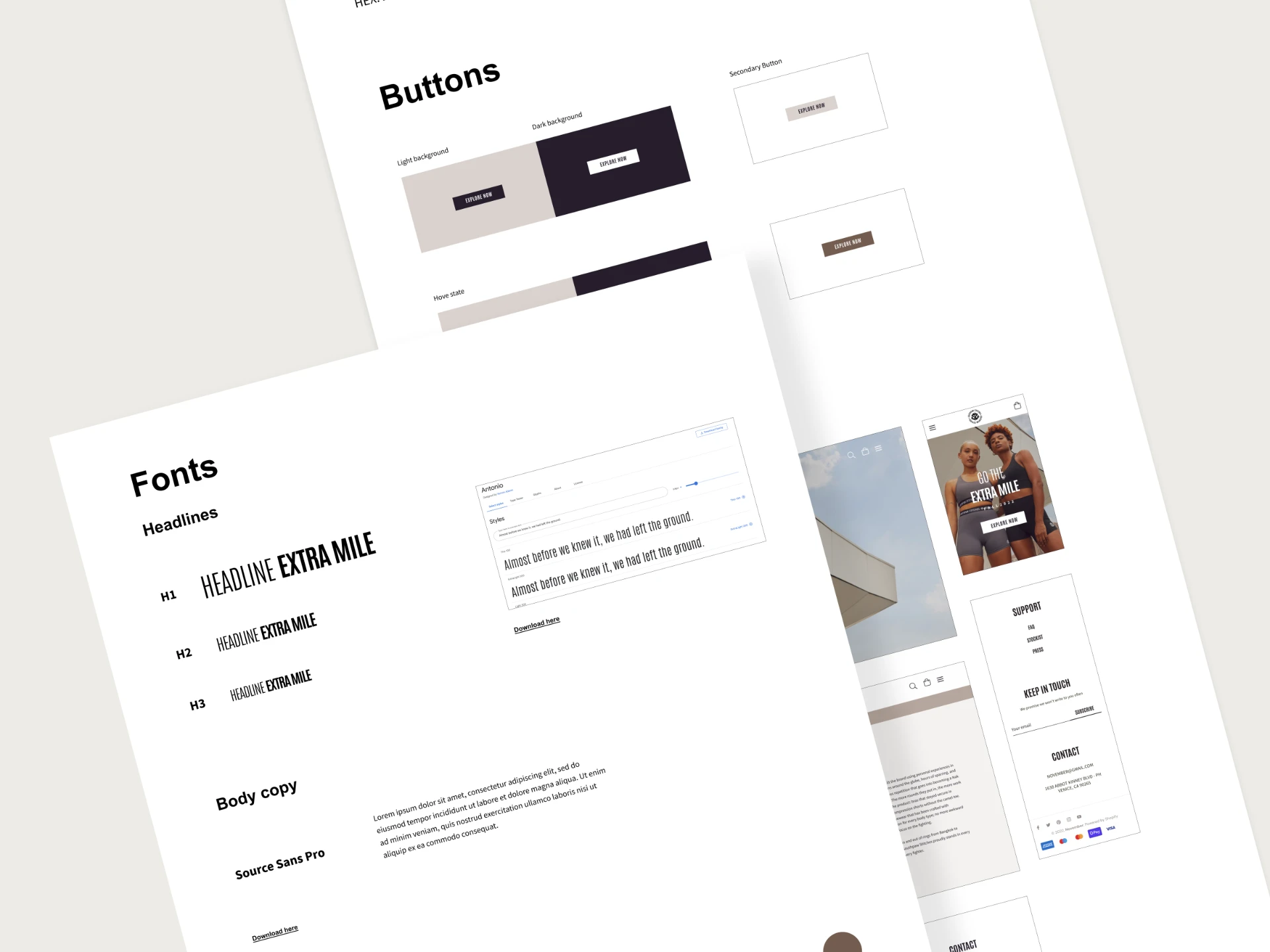 Southpaw Stitches brand style guide pages showing button styles, fonts, and responsive site layouts.