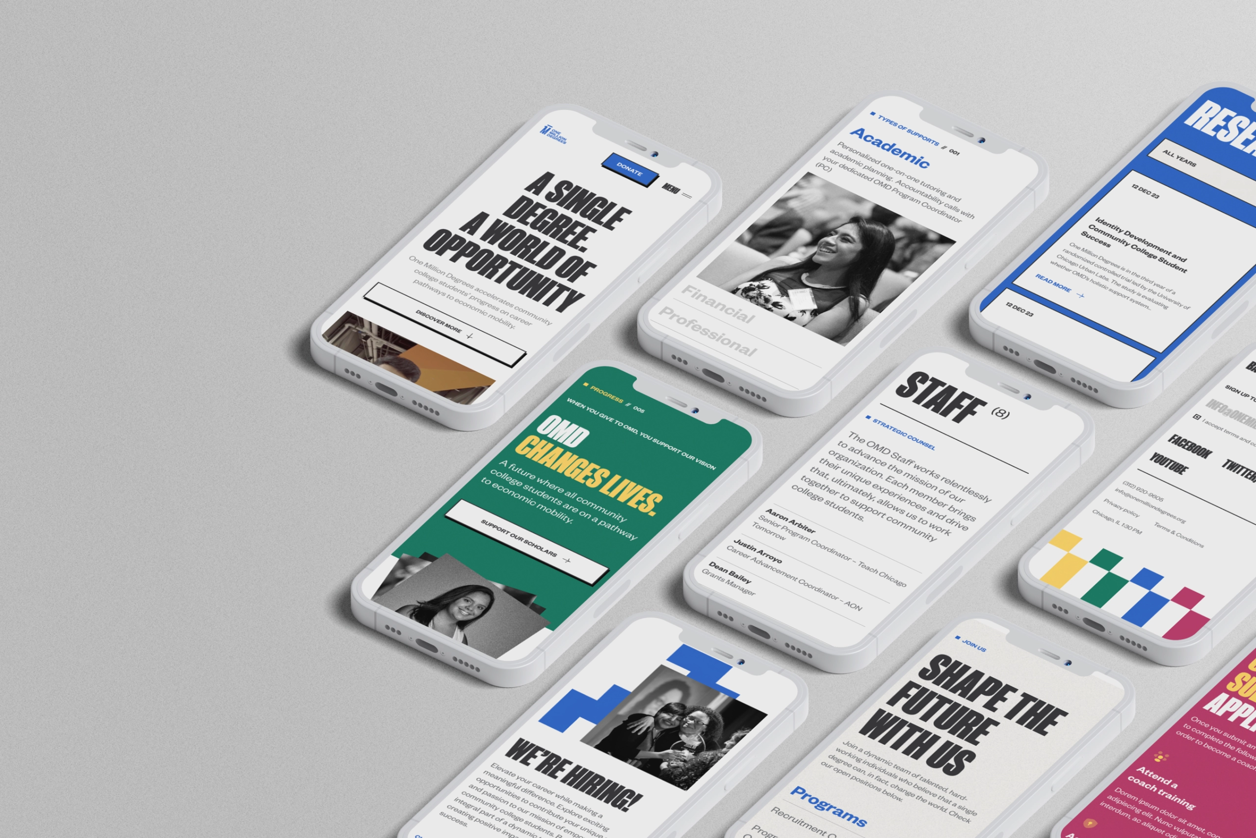 Multiple iPhones displaying user interface designs for nonprofit organizations, showcasing responsive layouts and intuitive navigation for mission-driven websites