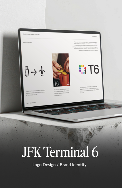 A laptop mockup showcasing New York branding work for JFK Terminal 6. The screen displays three progressive logo concepts