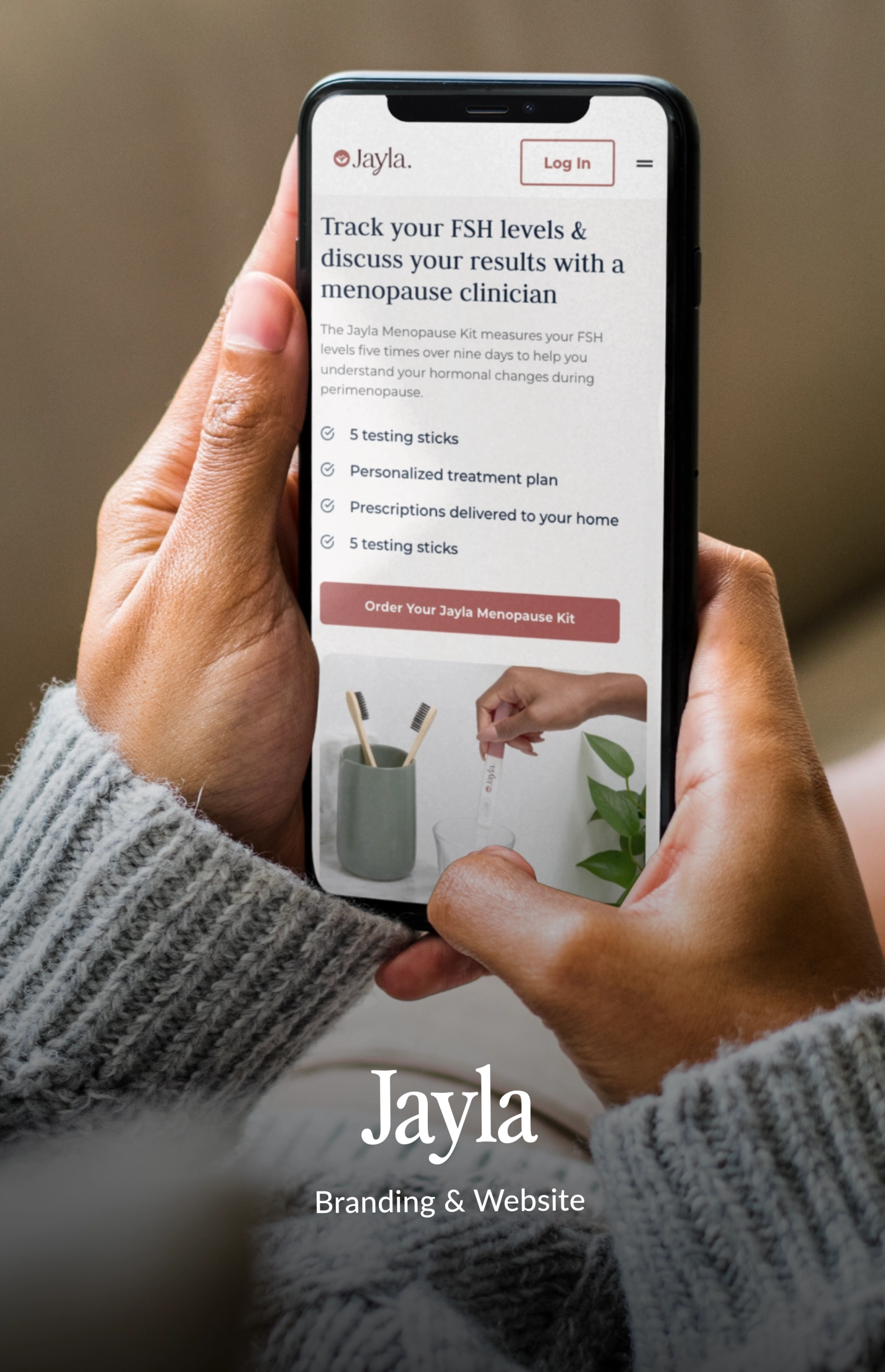 Phone screen displaying Jayla Health's hormone testing dashboard, showcasing user-friendly interface design for healthcare UX design