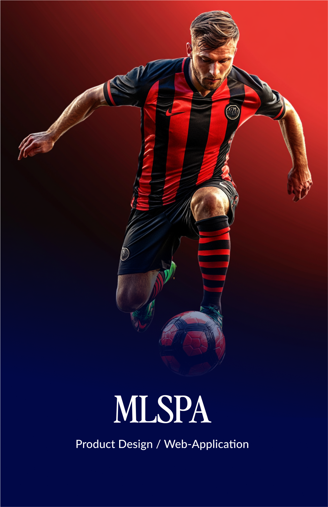 Professional soccer player executing a powerful kick during a match, showcasing our UI Design expertise for MLSPA's digital platform transformation