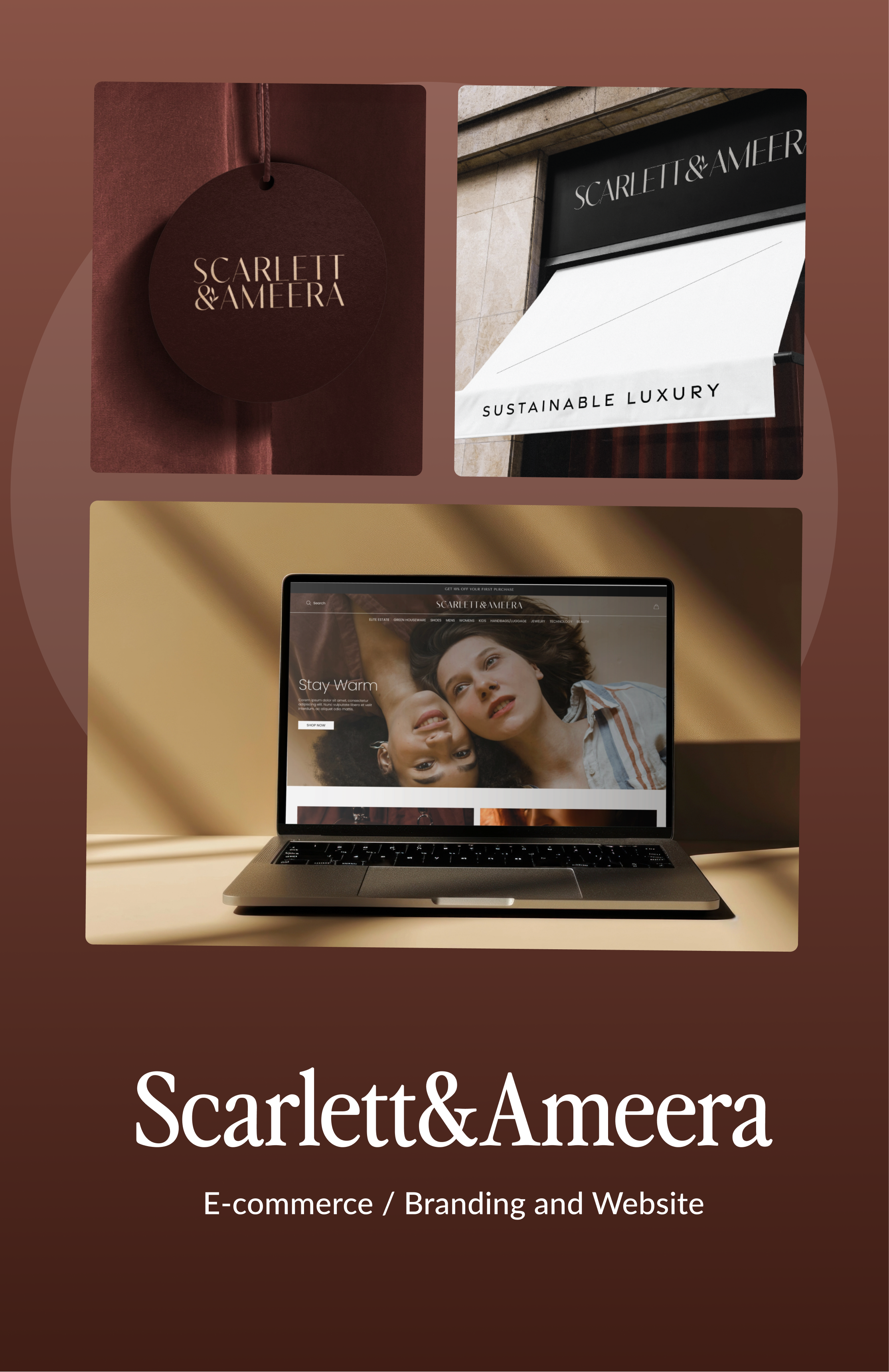 A sophisticated split-screen mockup showcasing Scarlett & Ameera's luxury branding transformation. On the bottom, a sleek laptop displays the brand's minimalist ecommerce website. On the top right, physical branding elements including a crimson sign with gold foil logo.