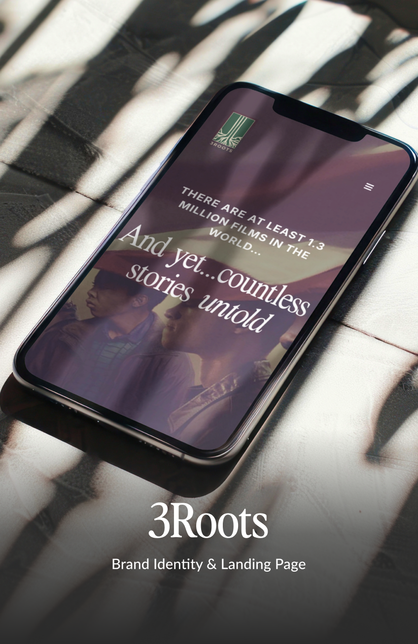 3Roots landing page design and brand identity mockup showing a cellphone with shadow branches and the landing page hero section.