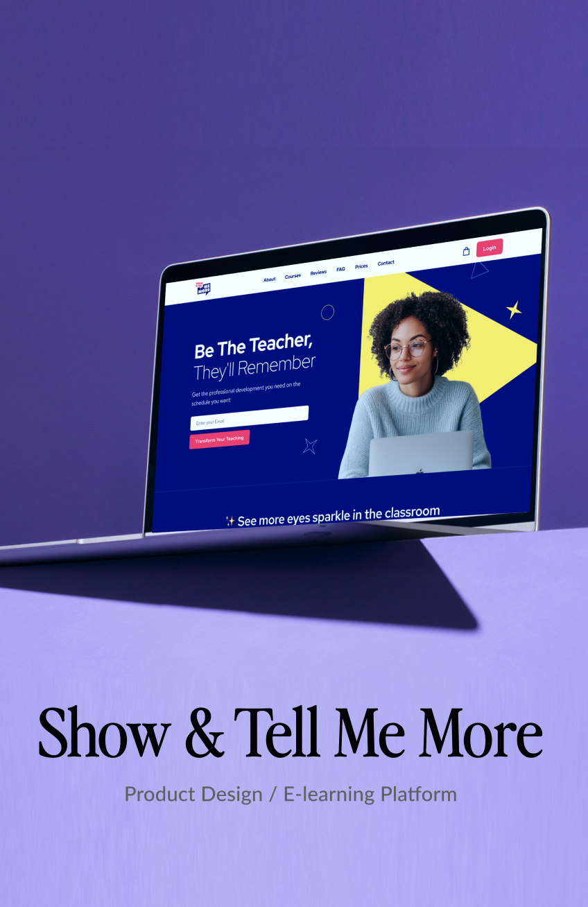 Elevating marketing for education: A laptop displays Show & Tell Me More's vibrant platform, featuring a welcoming teacher and the tagline "Be The Teacher, They'll Remember"