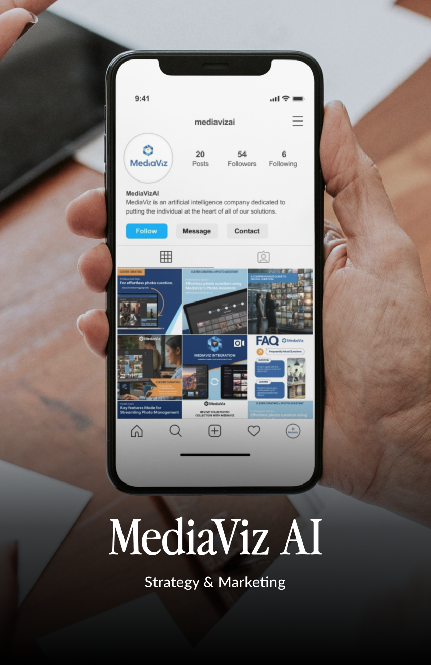 Instagram profile of MediaViz AI, showing their social media content strategy. The screen displays their profile along with their bio describing AI-powered photo organization solutions. The grid shows branded content in blue and white featuring product screenshots, FAQs, and feature highlights for their photo management platform.