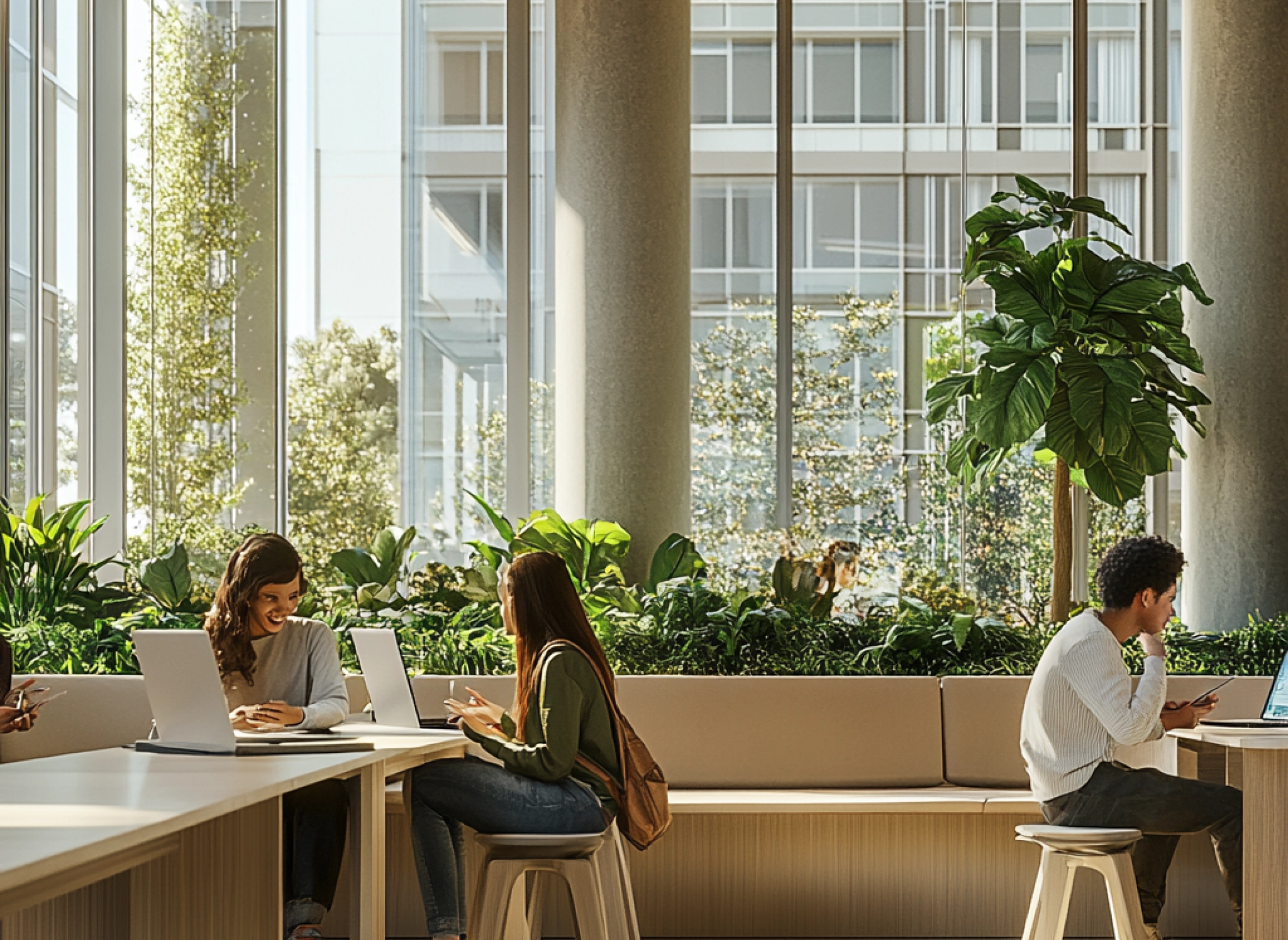 university students sitting around a table on their laptops with big windows and luscious greenery surrounding them