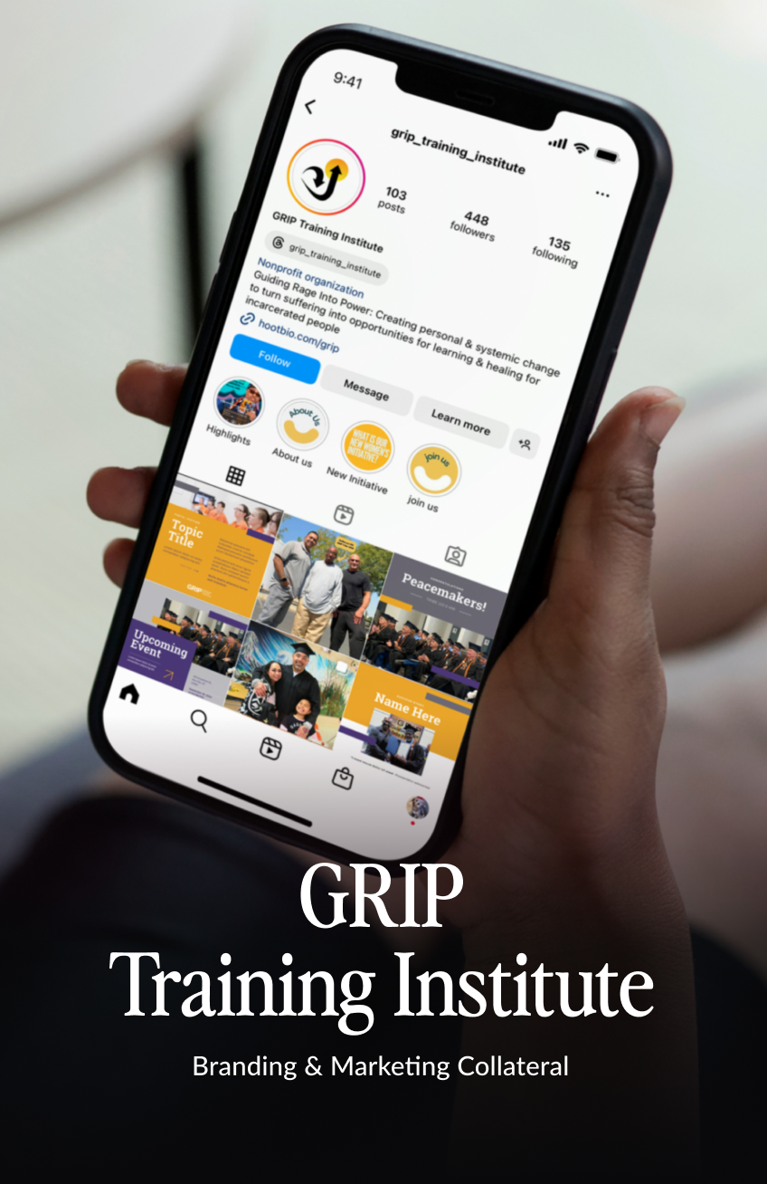 A smartphone displaying GRIP Training Institute's Instagram profile featuring their Visual Identity Design with purple and gold branded posts, story highlights, and logo showcasing their nonprofit rehabilitation mission.